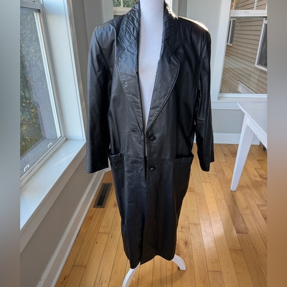 Vintage 70s 80s Charles Klein Black Leather Trench Coat Size Medium - Picture 2 of 16